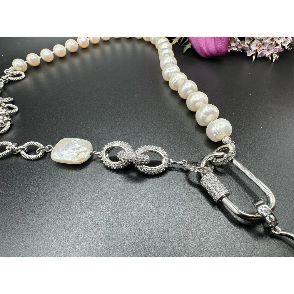 White natural pearl half chain necklace, combined freshwater pearl and bulky cha
